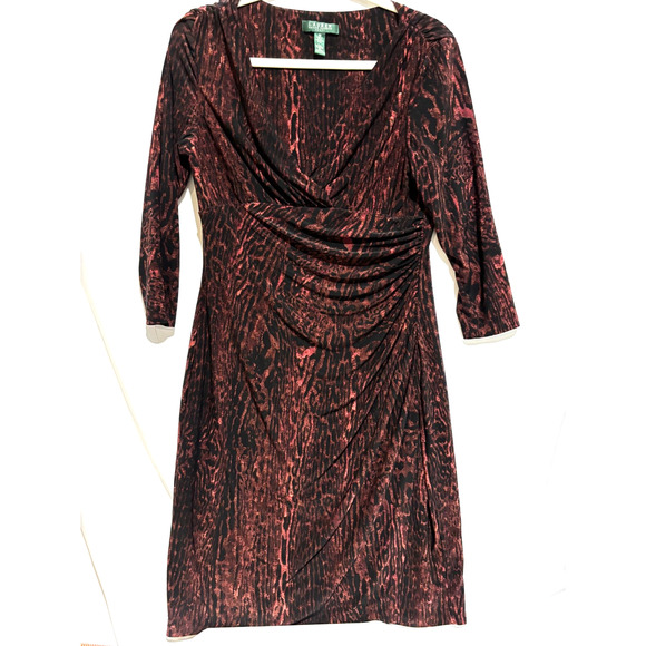 Ralph Lauren Green Label Dress Ruched Animal print Brown sz 10 y2k babydoll work - Picture 1 of 9